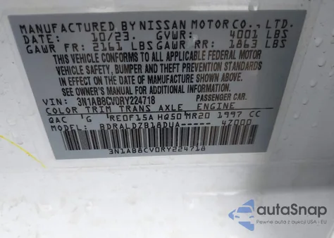 2024 Nissan Sentra Sv Xtronic Cvt from USA, damaged, VIN 3N1AB8CV0RY224718